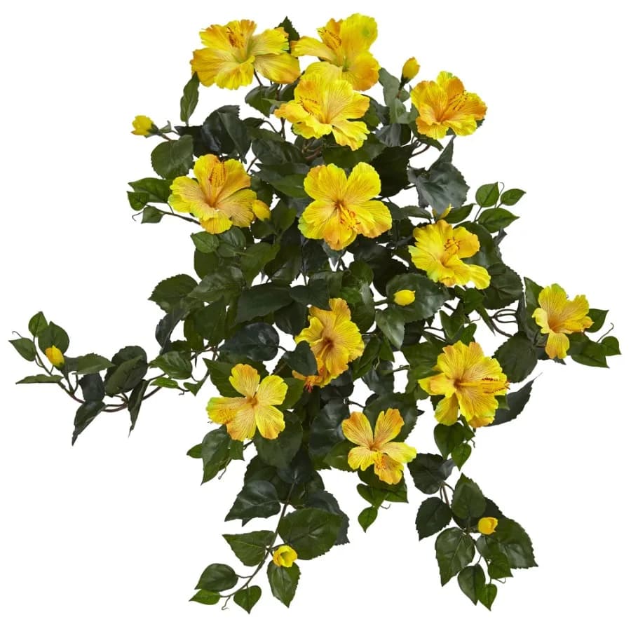 24" Hibiscus Hanging Plastic Artificial Plant Set of 2 Yellow