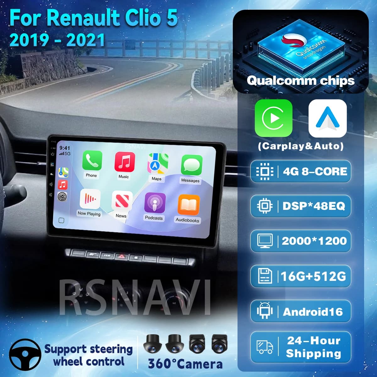 Autoradio Android 16 con Carplay Auto Qualcomm, Schermo 2K, per Renault Clio 5 Lutecia 2019-2021, GPS Multimediale