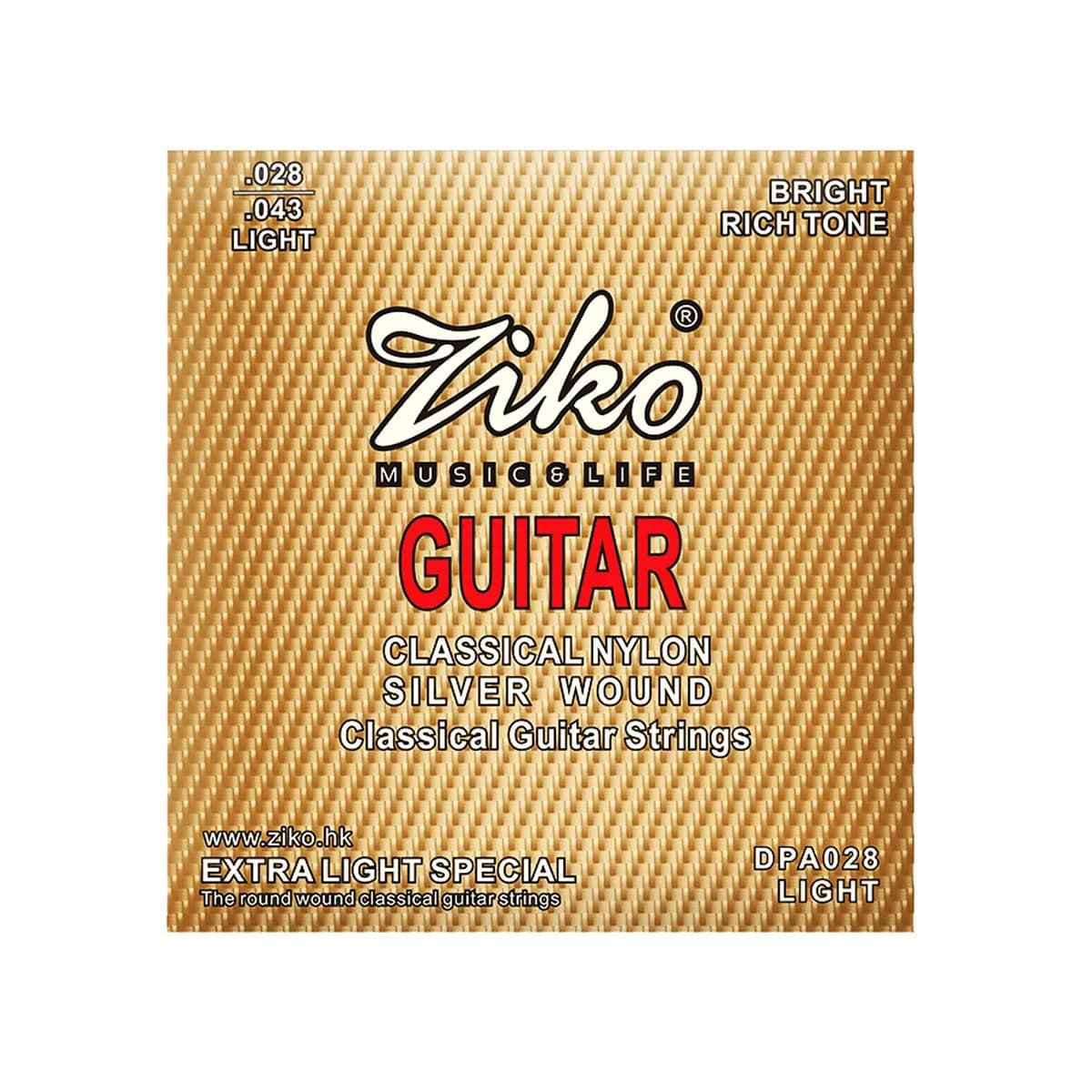 Corde per chitarra classica in nylon ZIKO DPA-028 – Avvolgimento in argento su D/A/E, nylon trasparente su E/B/G, tensione leggera, overtoni caldi