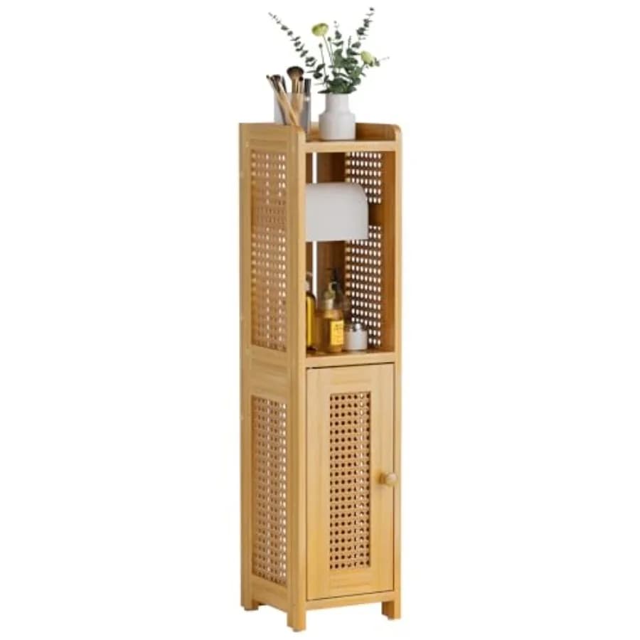 Toilet Paper Holder Cabinet, Bamboo Toilet Paper Holder Stand for Bathroom, Small Toilet Paper Storage Cabinet with Rattan Door