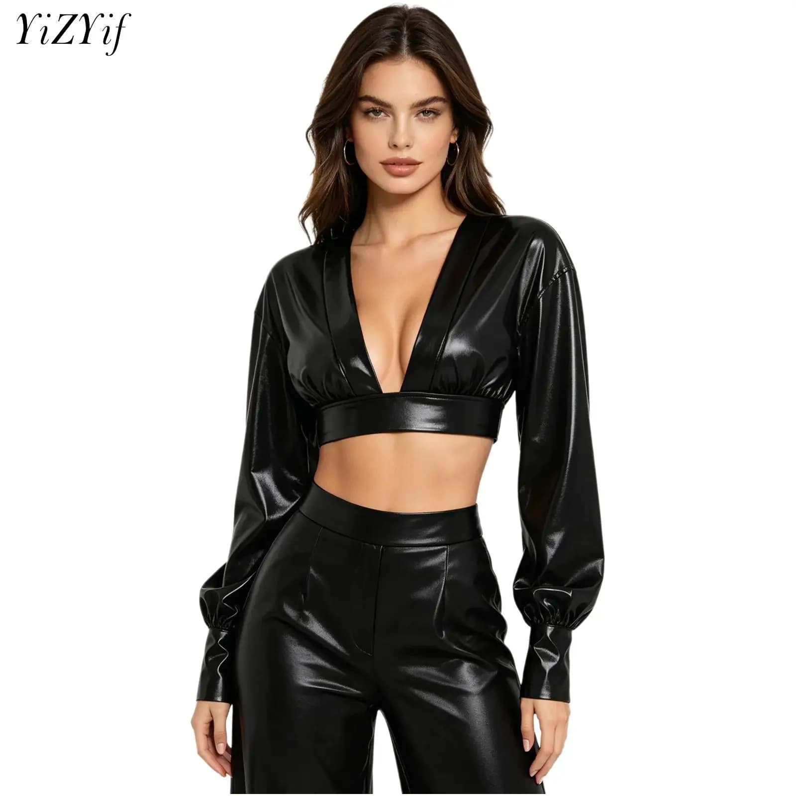 Top Corto Donna Y2K Metallizzato Lucido Stile Hip Hop con Scollo a V Profondo, Maniche Lunghe a Palloncino e Polsini con Bottoni - Blusa per Feste Disco e Clubwear Rock