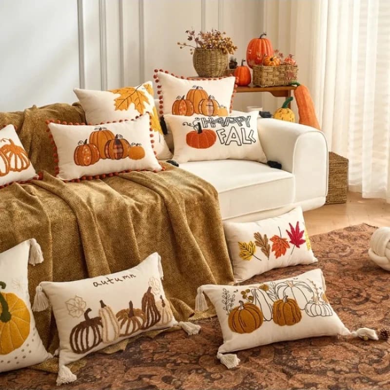 Pumpkin Pillow Cover 30x50 Embroidered Pillowcase with Zipper Living Room Halloween Fabric Decorative Sofa Cushion Covers