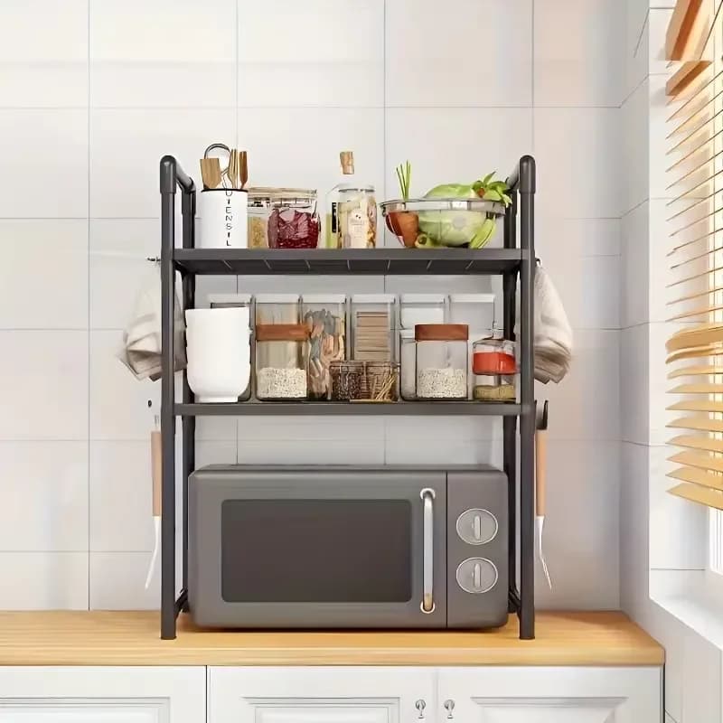 New Year: Heavy-Duty Adjustable/Stackable/Foldable Telescopic Upright Storage Rack/Microwave Stand - Multiple Models Available, Sturdy Metal Countertop Rack with Upper and Lower Shelves, Space-Saving Microwave Top Shelf and Small Appliance Storage/Spice Bottle Kitchen Utensil Rack, Hooks - Easy-To-Assemble Kitchen Organizer