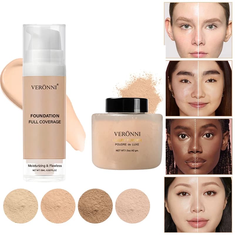 waterproof Liquid foundation loose powder 2pcs Set naturally covers flaws without sticking powder, conceals blemishes Makeup
