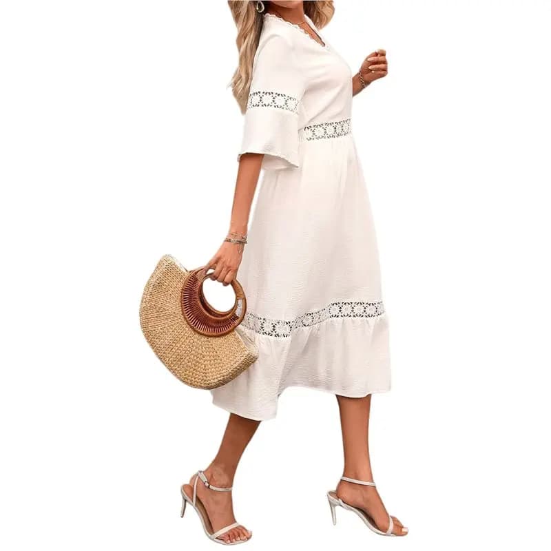 NEW-Women's Summer V Neck Dresses Puff Sleeve Flowy A Line Midi Wedding Guest Dress