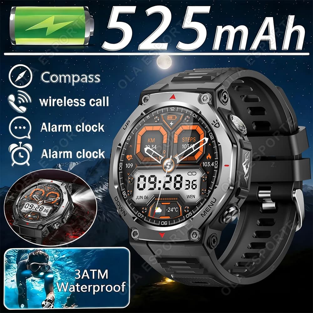 New Smartwatch 2026 with 525mAh Battery, 1.43 Pneumatic AMOLED Screen, Compass, 3ATM Waterproof, Bluetooth Calls, Men's Sport Watch