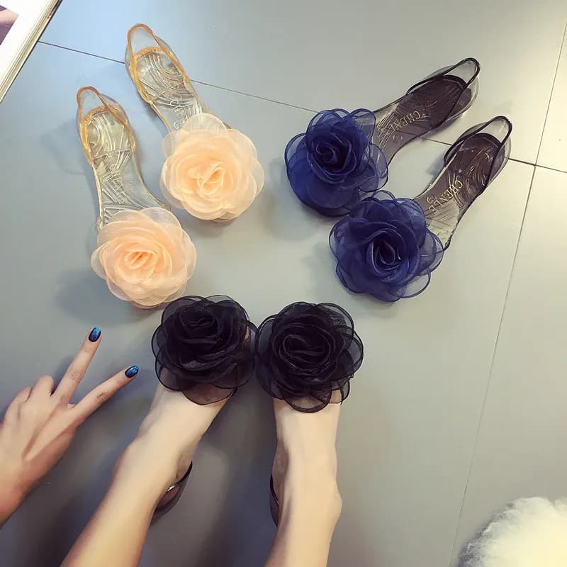 Sandali Jelly da Donna e Ragazza Taglia 36-42, Scarpe Peep-toe INS di Tendenza, Dolci Sandali Estivi Trasparenti in PVC con Camelia in Pizzo, Scarpe Basse da Spiaggia
