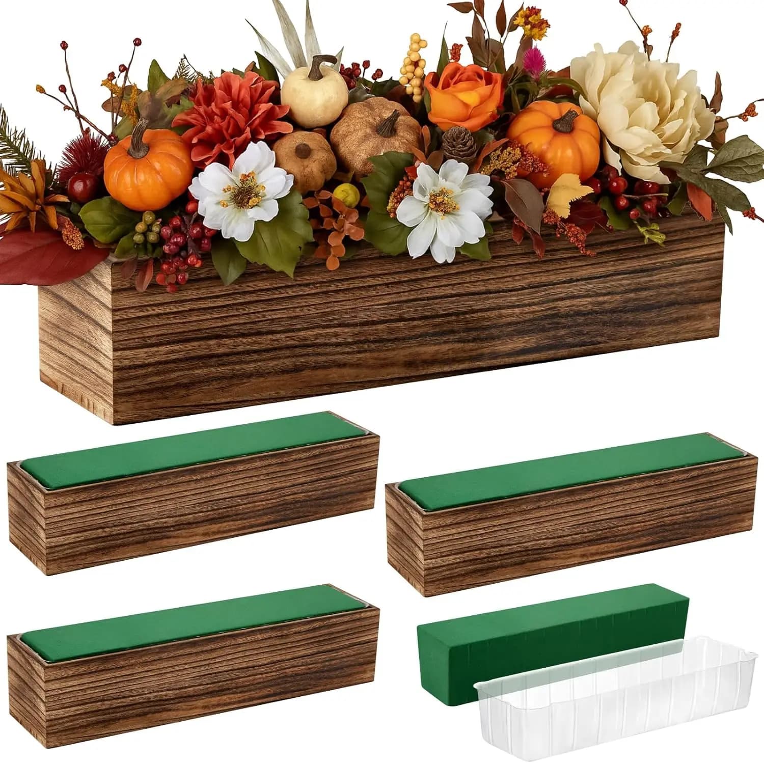 Set di 4 Fioriere Rustiche in Legno con Rivestimenti in Plastica, Blocchi di Schiuma Floreale per Decorazioni Matrimoniali, Casa e Giardino