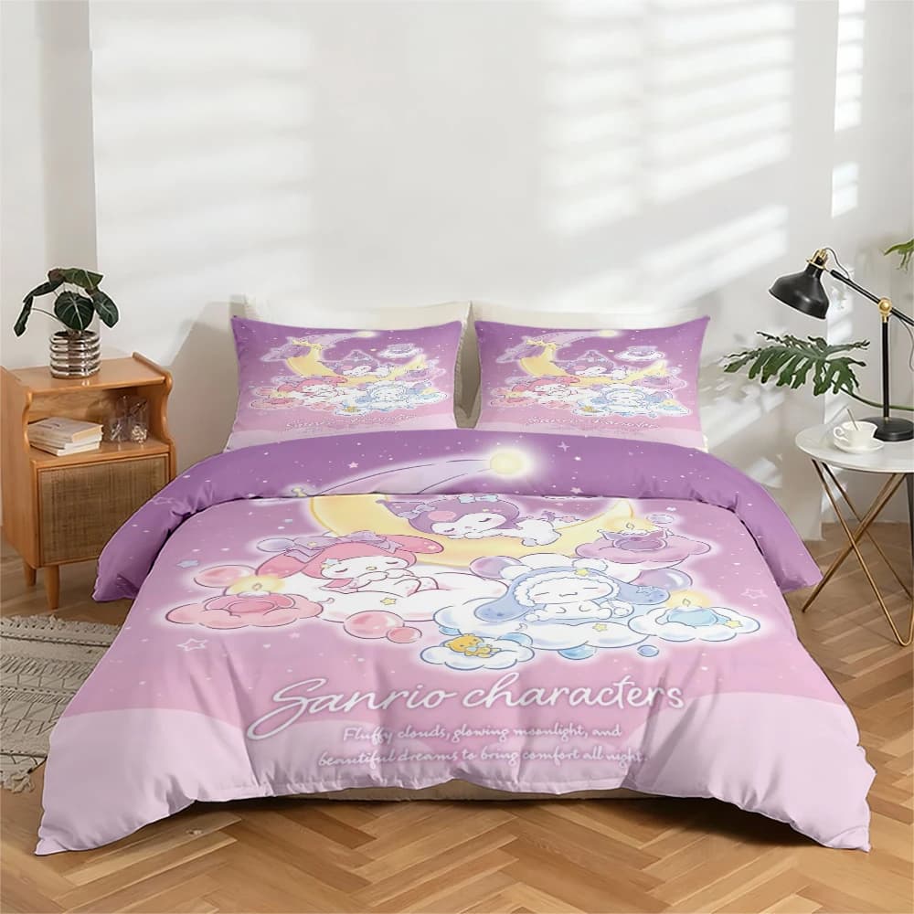 Set of bed linen with digital print in 3 pieces, set of duvet cover with cartoon characters Sanrio like My Melody, set of duvet cover with big pattern, includes 1 duvet + 2 pillowcase, suitable for bedroom, guest room, home decorations, duvet cover + polyester fiber pillowcase, ultra soft bed linen, thick fabric, suitable for all seasons, washing machine