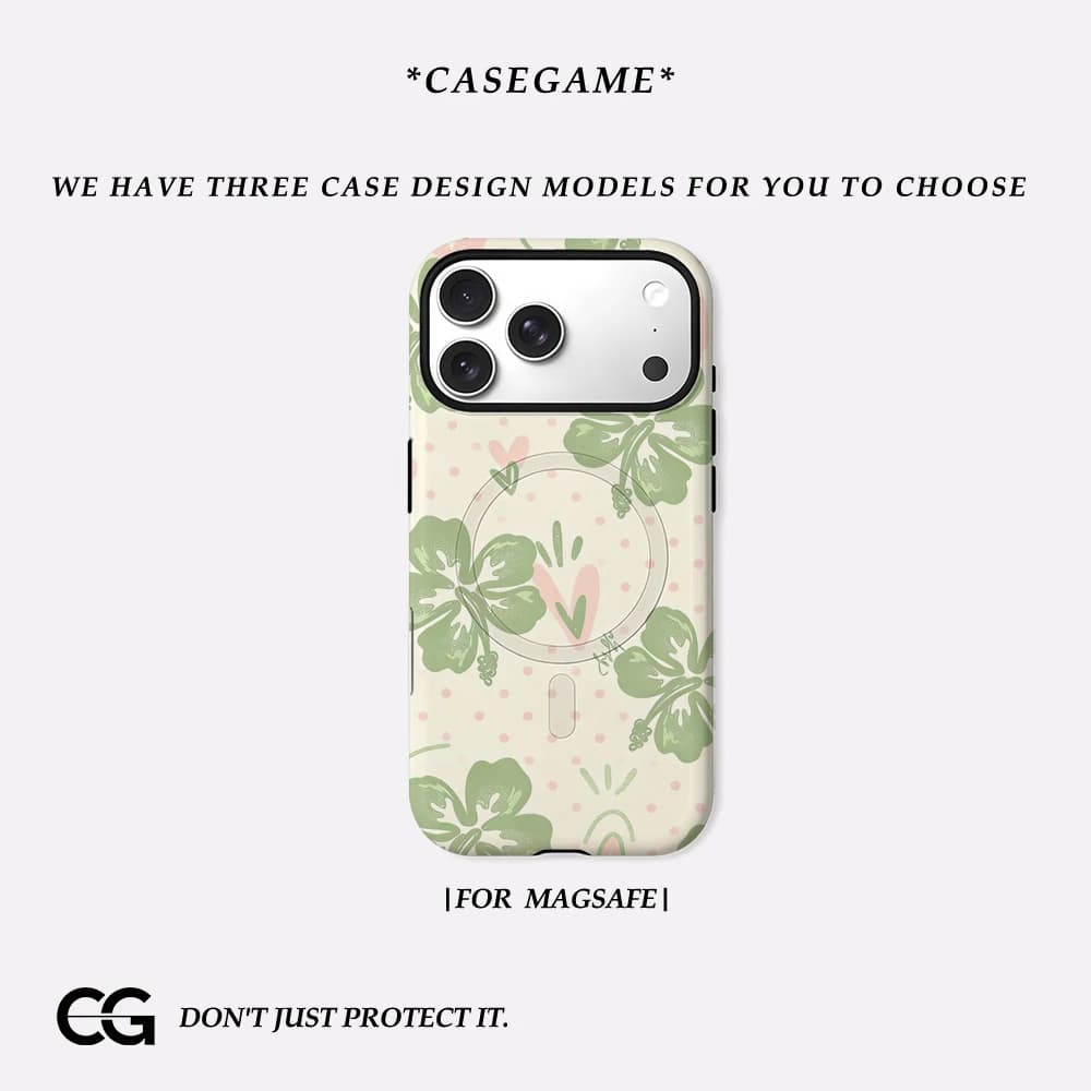 Casegame Cover Opaca Antiurto per iPhone 17 16 15 14 Plus 13 Pro Max con Bumper per MagSafe, in PC Rigido, Motivo Hibiscus Cuori e Pois