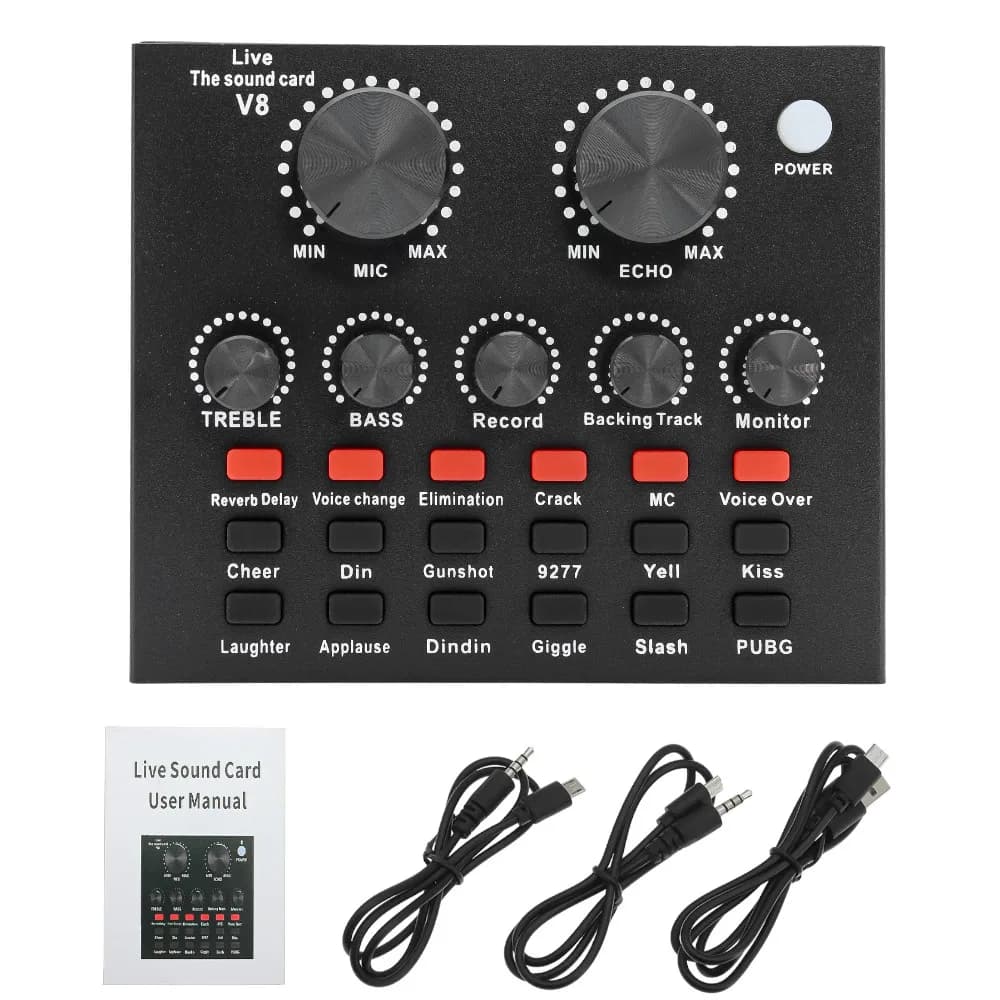 V8 Scheda audio Audio USB Cuffie Microfono Webcast Schede audio esterne dal vivo Registrazione karaoke Mixer audio per computer telefonico