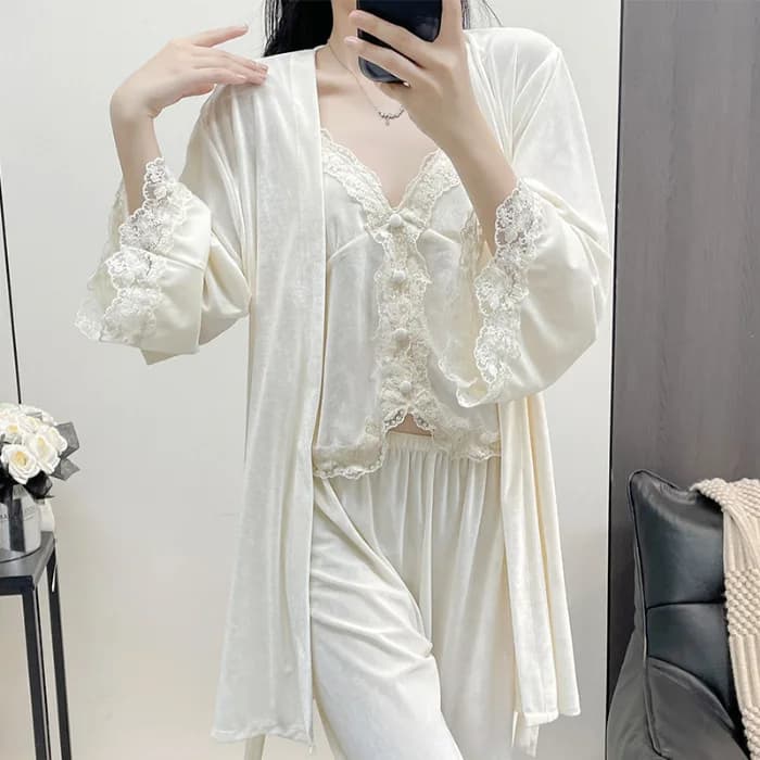 Autumn Winter Women's Velvet 3PCS Pijama Set Sexy Lace Trim Bathrobe Tailleur Trousers Coached Casual Velvet Dresses for Home Clothes Loungewear