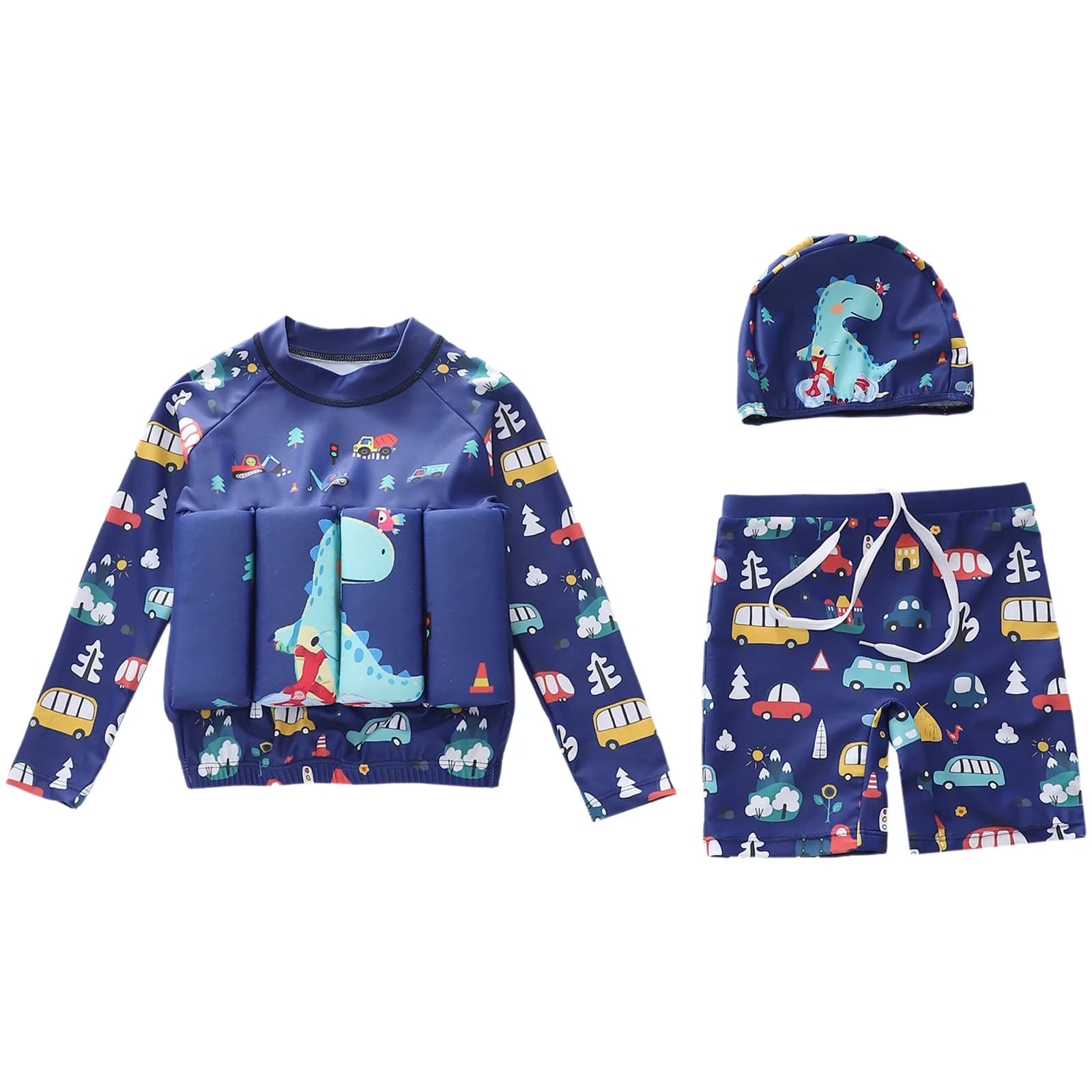 Costume da bagno per bambini con galleggiante integrato, top a maniche lunghe con pantaloncini e cappuccio da nuoto, ideale per l'estate e la spiaggia