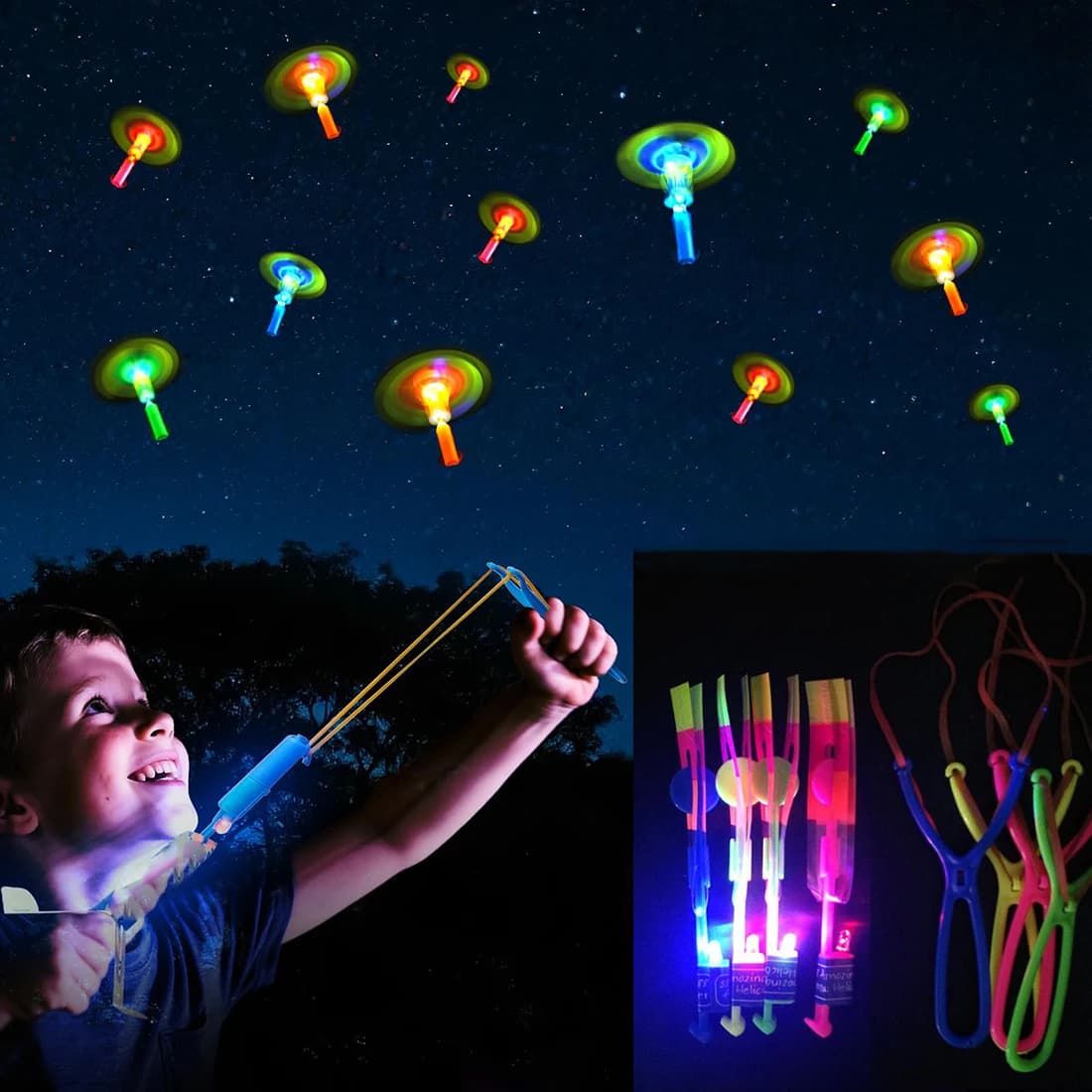 Fionda luminosa, elicotteri LED fionda 10/20/30/100 pezzi per bambini, elastico lanciato freccia volante giocattoli forniture per feste