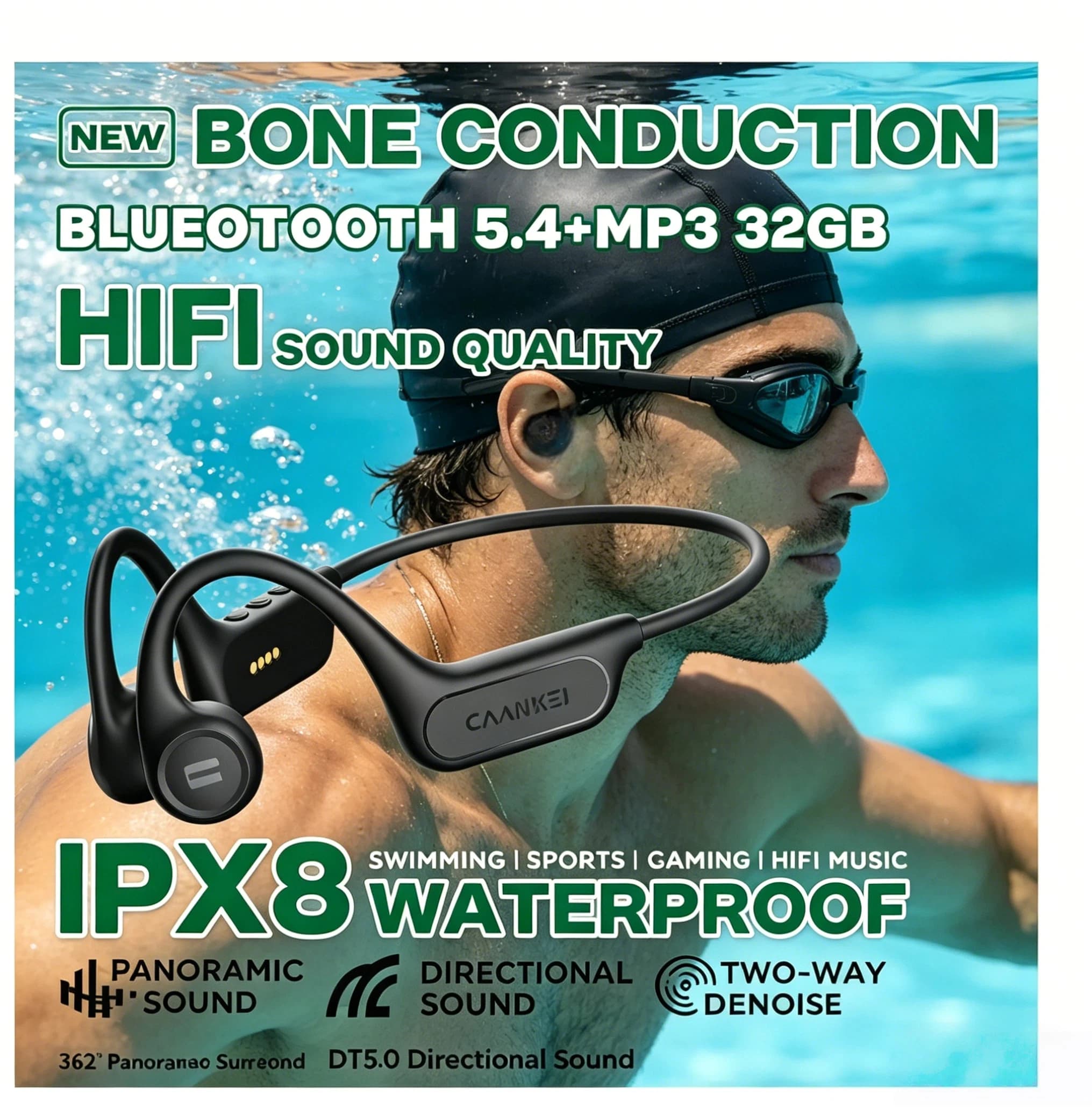 Auricolari a Conduzione Ossea Impermeabili IPX8, MP3 da 32GB con Musica Offline, Cuffie Open-Ear Bluetooth 5.4 per Immersioni e Nuoto