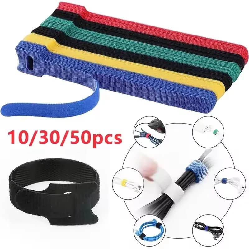 Fascette stringicavo rilasciabili in nylon nero, con chiusura a strappo, per l'organizzazione di cavi e fili, multiuso