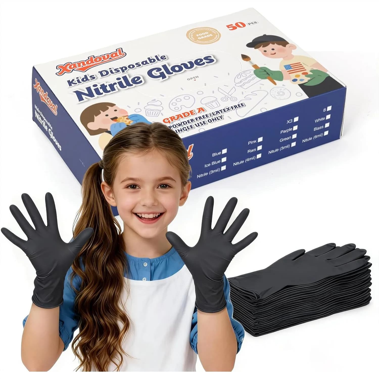 Guanti in Nitrile per Bambini 6-10 Anni, Guanti Monouso Neri da 5 Mil, Senza Lattice, Senza Polvere, per Lavoro, Pulizie, Cucina