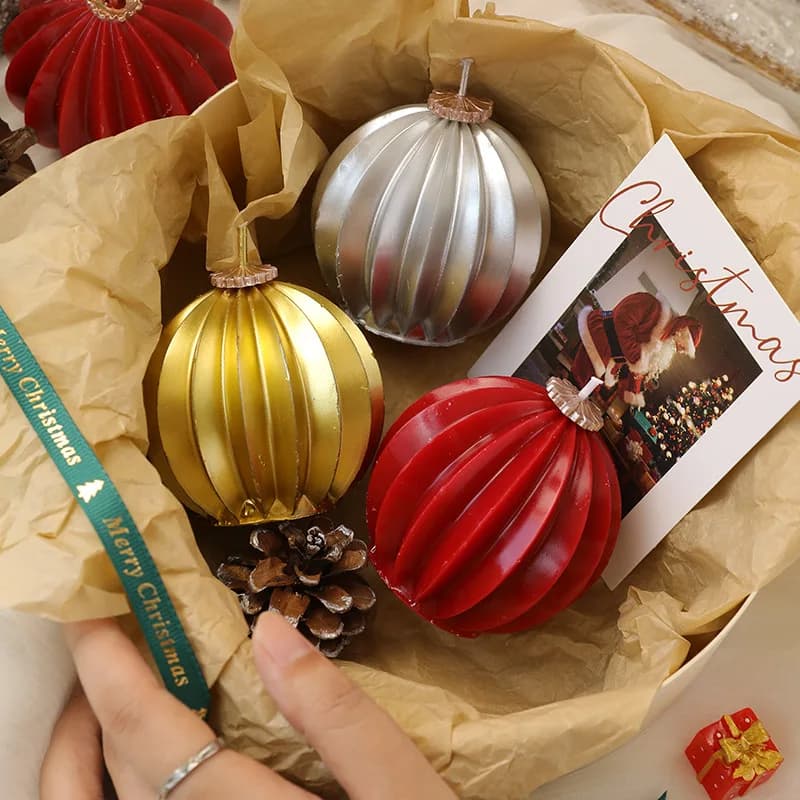 Christmas Ball Candles Green Christmas Decorative Candles Christmas Sphere Candles Pleated Round Shape Xmas Centerpiece Table