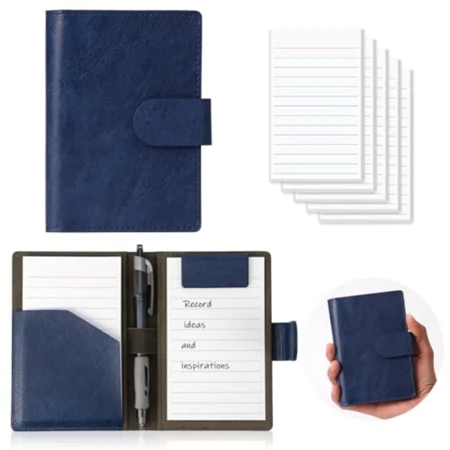 Blue Index Card Holder PU Leather 3x5 Note Card Holder Wallet Portable Pocket Notepad with Pen Holder Magnetic Index Card Case