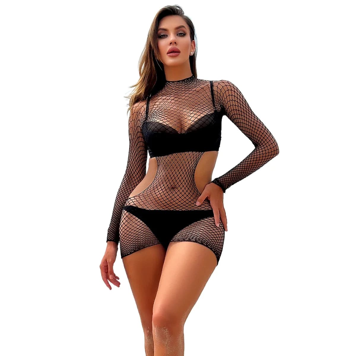 Rete da pesca Biancheria intima erotica Discoteca esotica Abito aderente Abbigliamento sexy da donna Vedi attraverso la gonna corta a rete cava