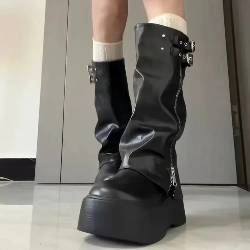 Women's Shoes For Sale 2025 Modern Women's Boots with Platform Side Zip Round Toe Belt Buckle Knee Boots Classic Versatile Shoes