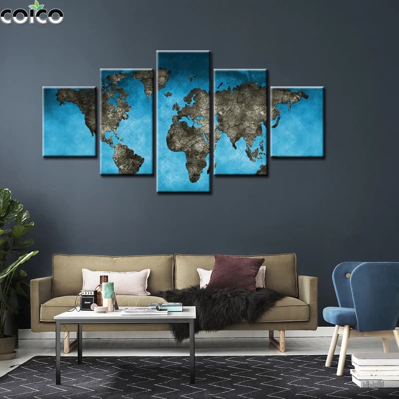 5 pieces abstract art world map Poster with black blue frame Wall Art Canvas Painting Modular Image for Living Room Home Decor