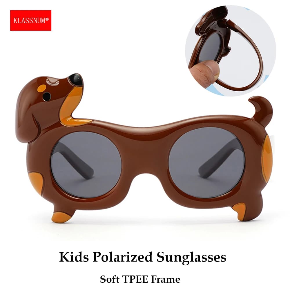 KLASSNUM Cute Kids Polarized Sunglasses Soft Frame Dachshund Shape Anti Glare UV400 Lens 2-12 Year Kids Boys Girls Funny Glasses