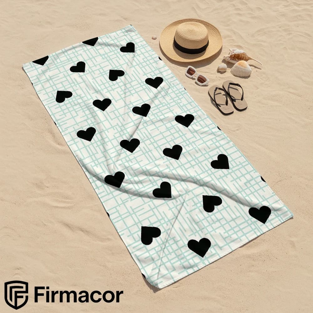 Mint Grid Black Hearts Soft Portable Travel Towel Unisex Ultra Lightweight Microfiber Oversized Sand Free Quick Dry Beach Towel