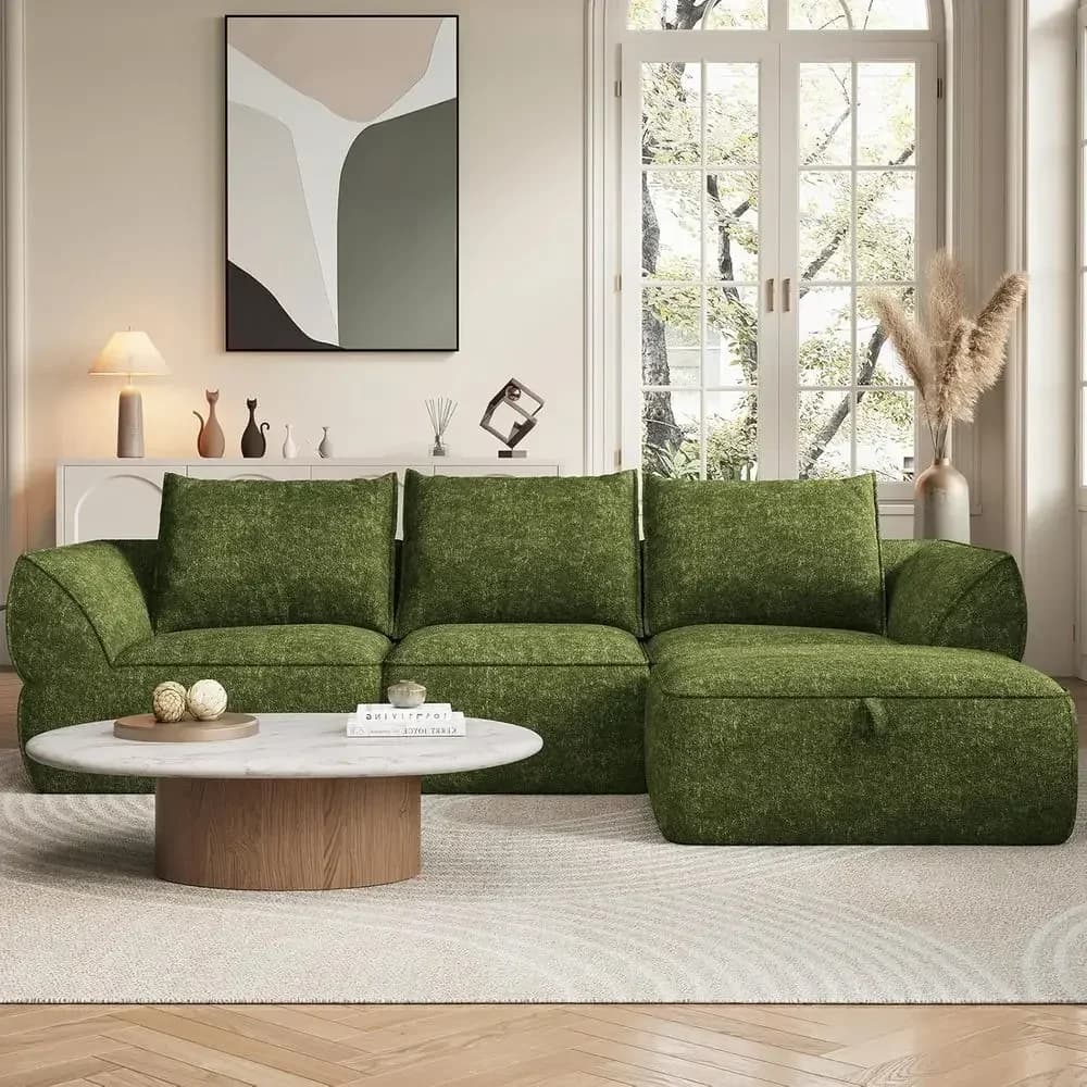 Deep Seated 3-Seater L-Shaped Cloud Sofa with Ottoman, Comfortable Upholstery, Removable Cover, No Assembly, Sage Green