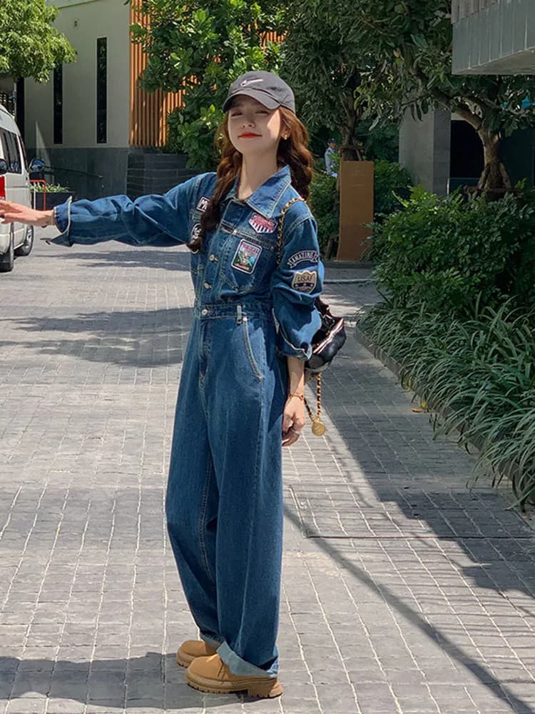 Jumpsuit Denim 2023 Spring New Lapel Long Sleeve Loose Street Casual Pants Fashion Trend Jeans