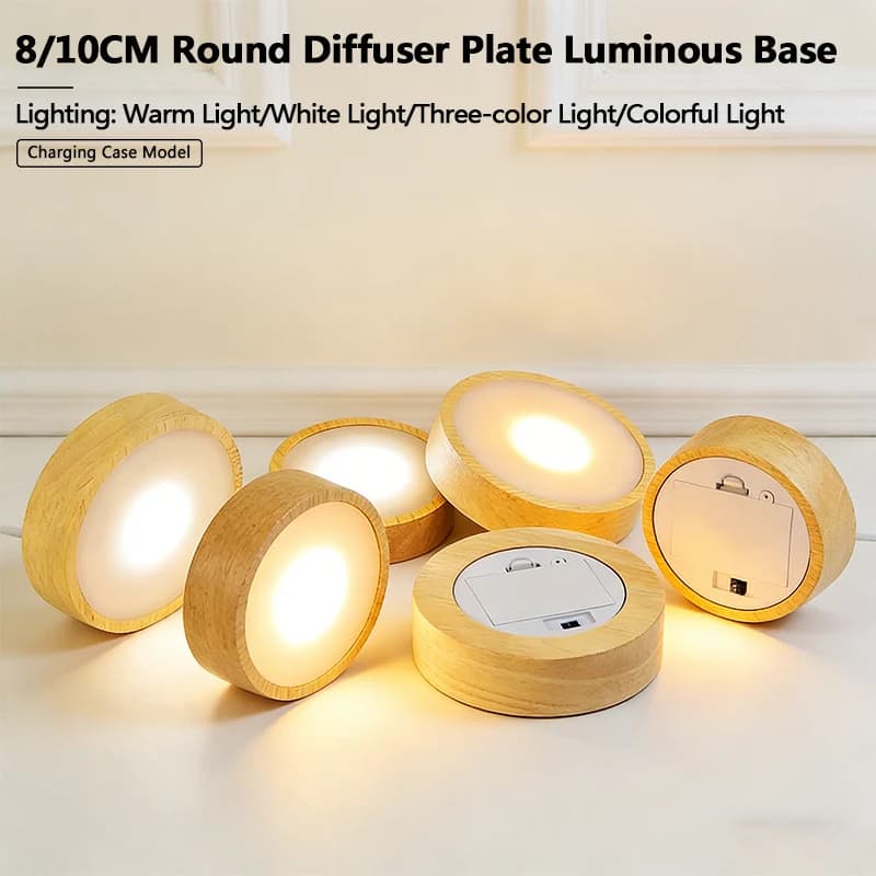 Base Luminosa LED con Piastra di Diffusione Rotonda, Lampada Notturna in Legno a Batteria; Sottobicchiere per Cocktail con Base Luminosa USB per Lampada a Cristalli