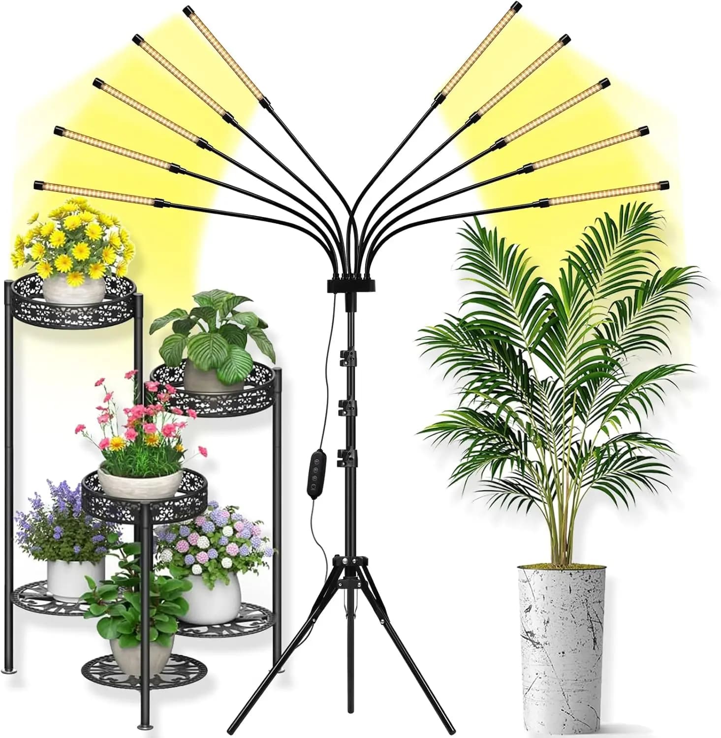 Lampada LED per Coltivazione a Spettro Completo con 10 Teste, Timer Automatico e Treppiede per Piante da Interno