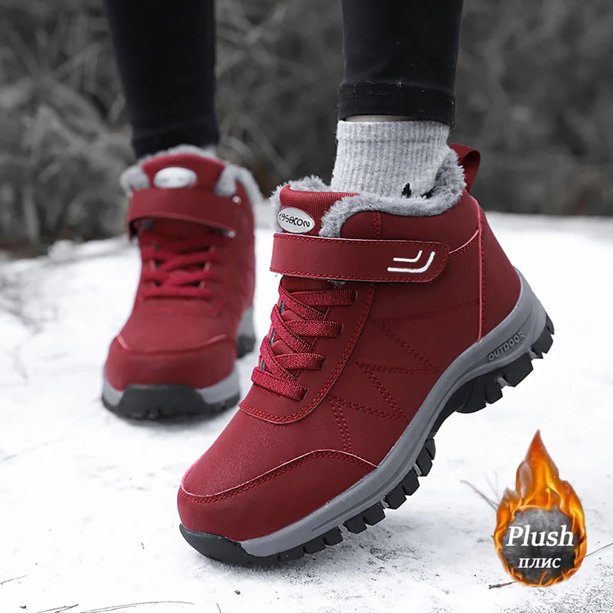 Unisex Outdoor Sports Rotating Buckle Mountain Boots Winter Outdoor Couple Fleece Lined High Top Warm Cold Resistant Boots