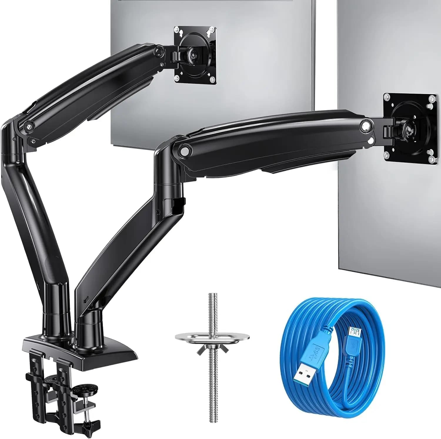 Supporto per Doppio Monitor per Schermi da 13-40 Pollici, Stand Completamente Orientabile con Porta USB, VESA 75/100mm, Supporta 12 kg per Braccio, Nero