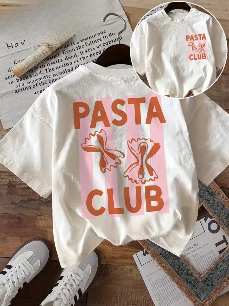 T-shirt con Stampa Artistica Retro Pasta Club, Manica Corta Casual, Stile Streetwear Estivo per Donna