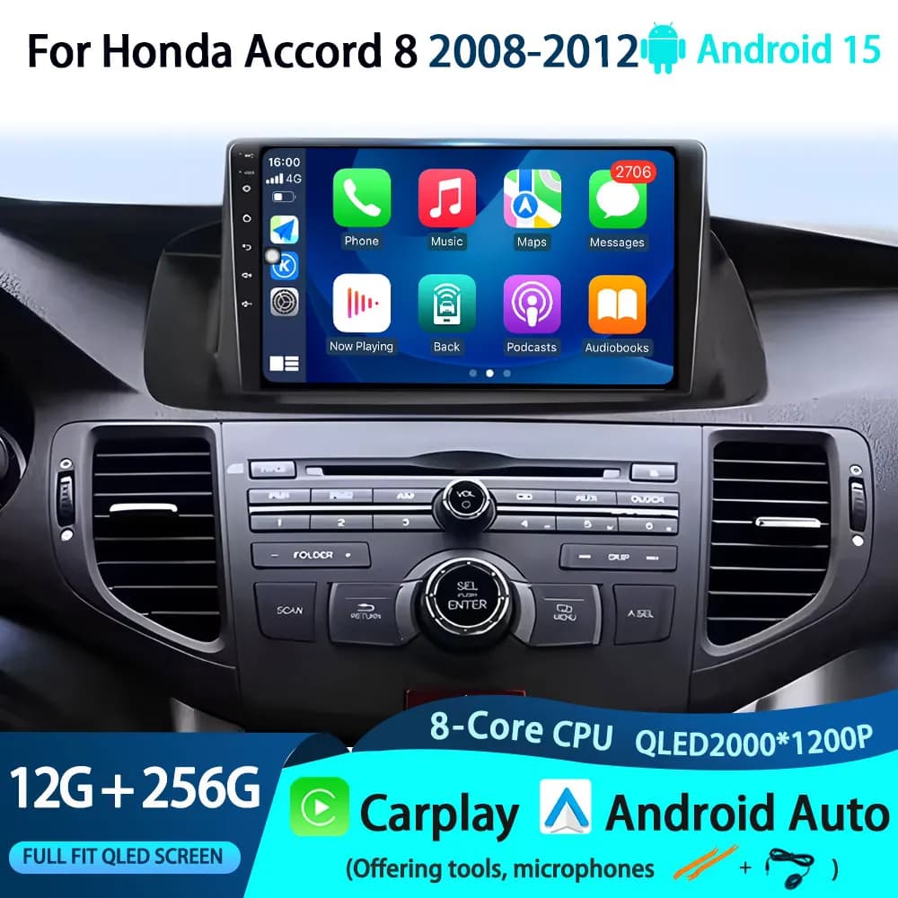 9 '' Autoradio Multimedia GPS Navigation Reader For Honda Accord 8 2008-2012 Android Auto Wireless Carplay 4G BT