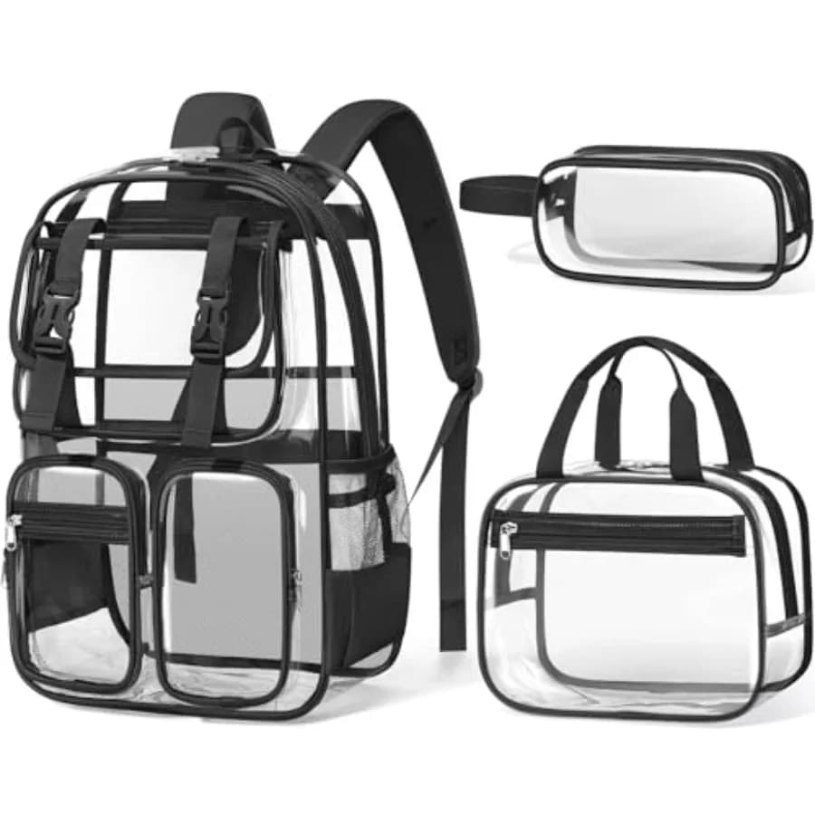 Zaino Trasparente per Ragazze - Set 3 Pezzi Borse Trasparenti Resistenti per Ragazzi, Zaino Scolastico Grande in PVC Trasparente con Porta Pranzo e Astuccio
