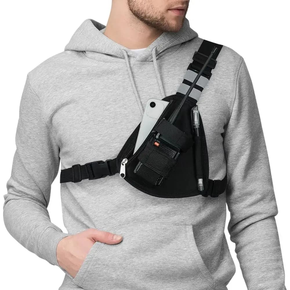 Imbracatura pettorale radio regolabile Borsa a tracolla Borsa per walkie-talkie in tessuto Oxford Borsa pettorale per interfono multifunzionale nera