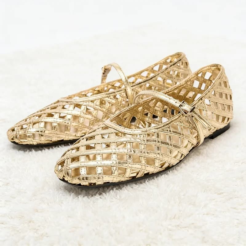 Scarpe da Ballerina con Effetto Metallico, Sandali Estivi Intrecciati con Punta Rotonda e Fibbia Dorata, Stile Mary Jane