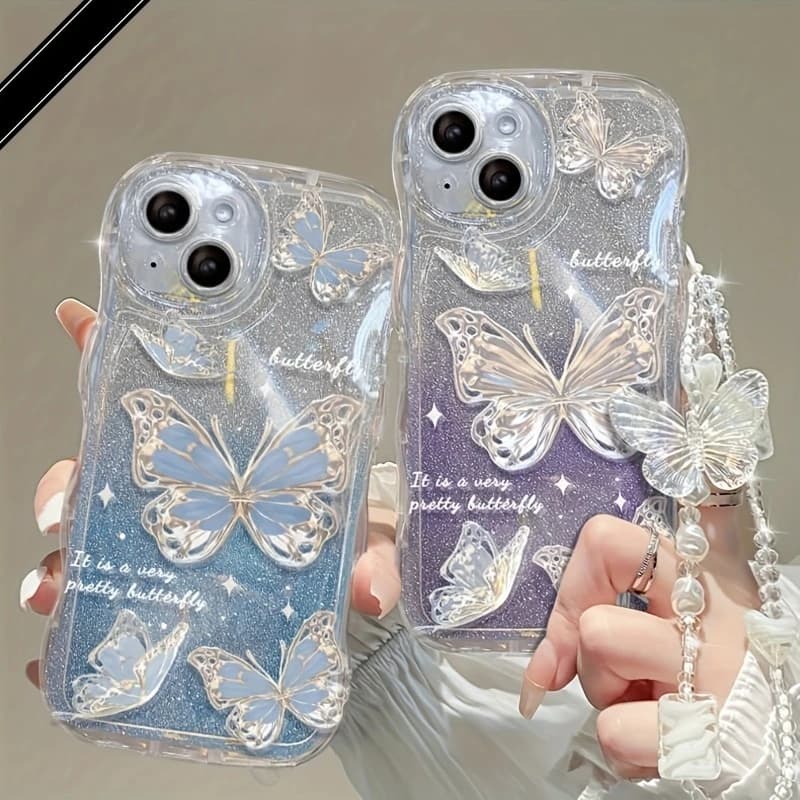INS Butterfly Pattern Cream Wavy-edge Phone Case For iPhone 17 16 15 14 13 12 11 Pro Max 16E With Butterfly Bead String Cover