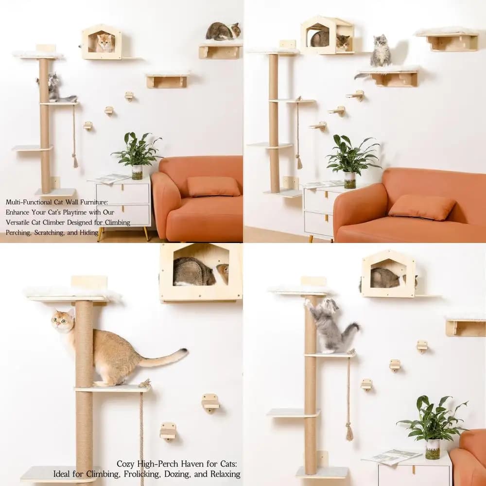 Albero da parete per gatti in legno a 4 livelli con casa, posatoi e gradini per gatti di grandi dimensioni