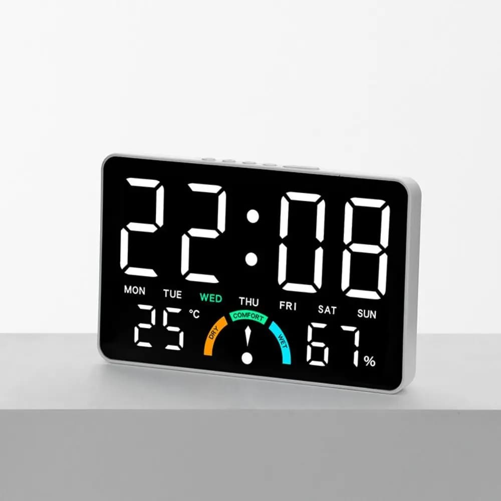 Multifunction Electronic Wall Clock with Temperature, Digital LED Display, Date & Format 12/24H, Also suitable as Bedroom Table Clock
