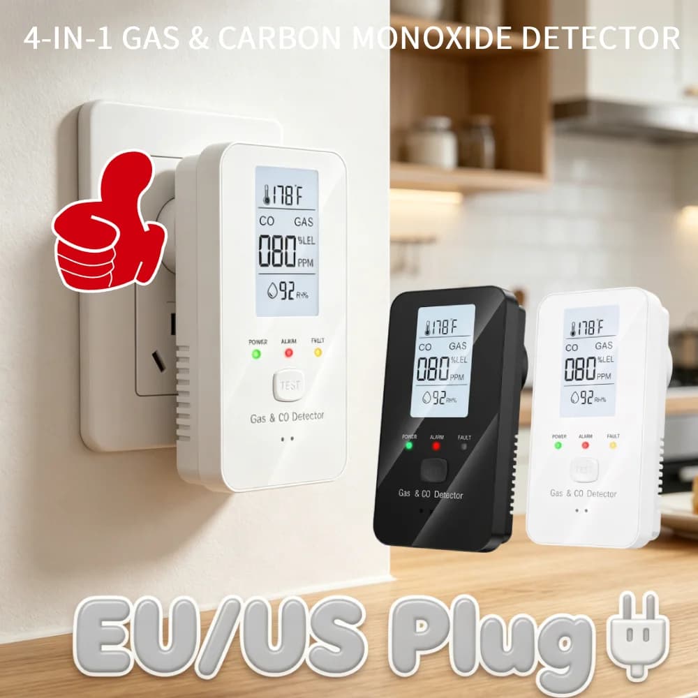 4-in-1 Plug in Detector with HD Digital Display Gas & Carbon Monoxide Detector Temperature Humidity Tester for Home Kitchen Use