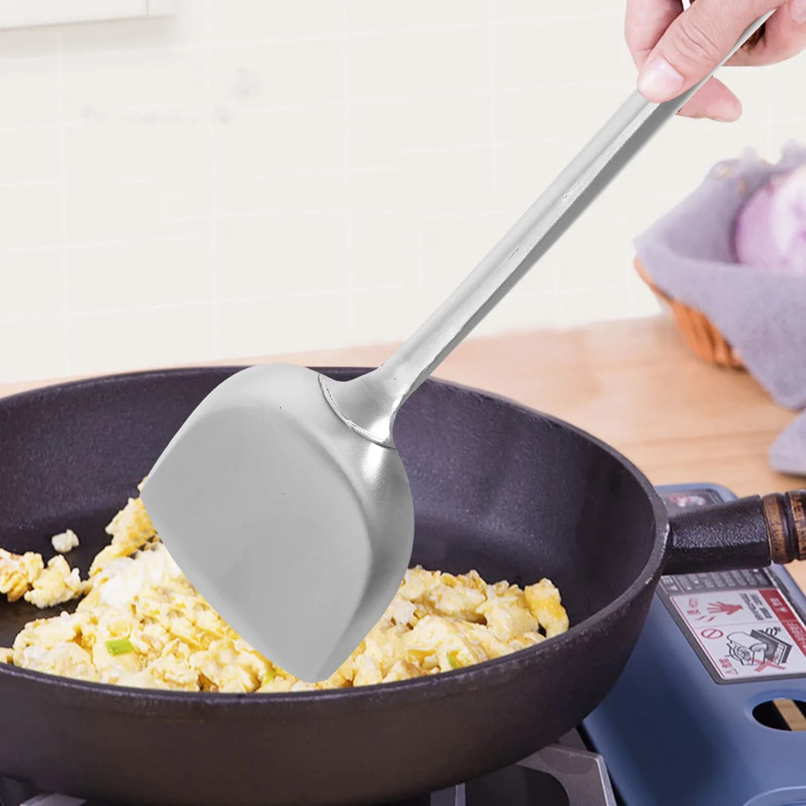 Long Handle Stainless Steel Cooking Spatula with Natural Wood Handle for Wok Stir-Frying Flipping Serving Non-Stick Pans