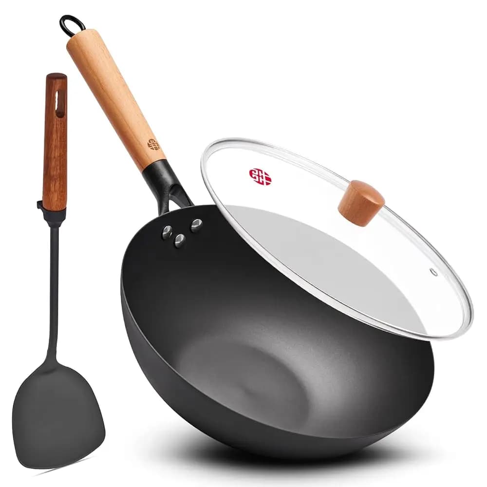 Padella Wok in Ferro ad Alta Purezza 11.8'', Fondo Piatto per Cucina a Induzione, Elettrica e Gas, Senza Rivestimento Chimico in Acciaio al Carbonio