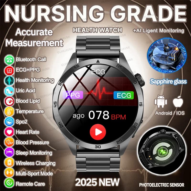 Smartwatch per Monitoraggio Salute con Funzioni ECG+PPG, Ossigeno nel Sangue, Acido Urico, Pressione Sanguigna, Chiamate Bluetooth per Android/iOS