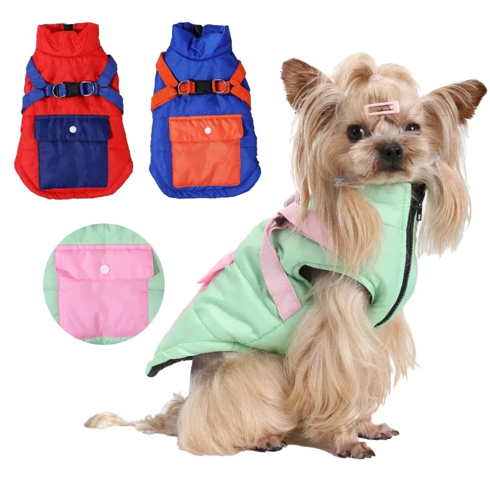 Autunno inverno Vestiti per animali domestici Giacca per cani di piccola taglia media con imbracatura Anelli a D Tasca Cappotti per cuccioli Chihuahua Bulldog francese Abiti