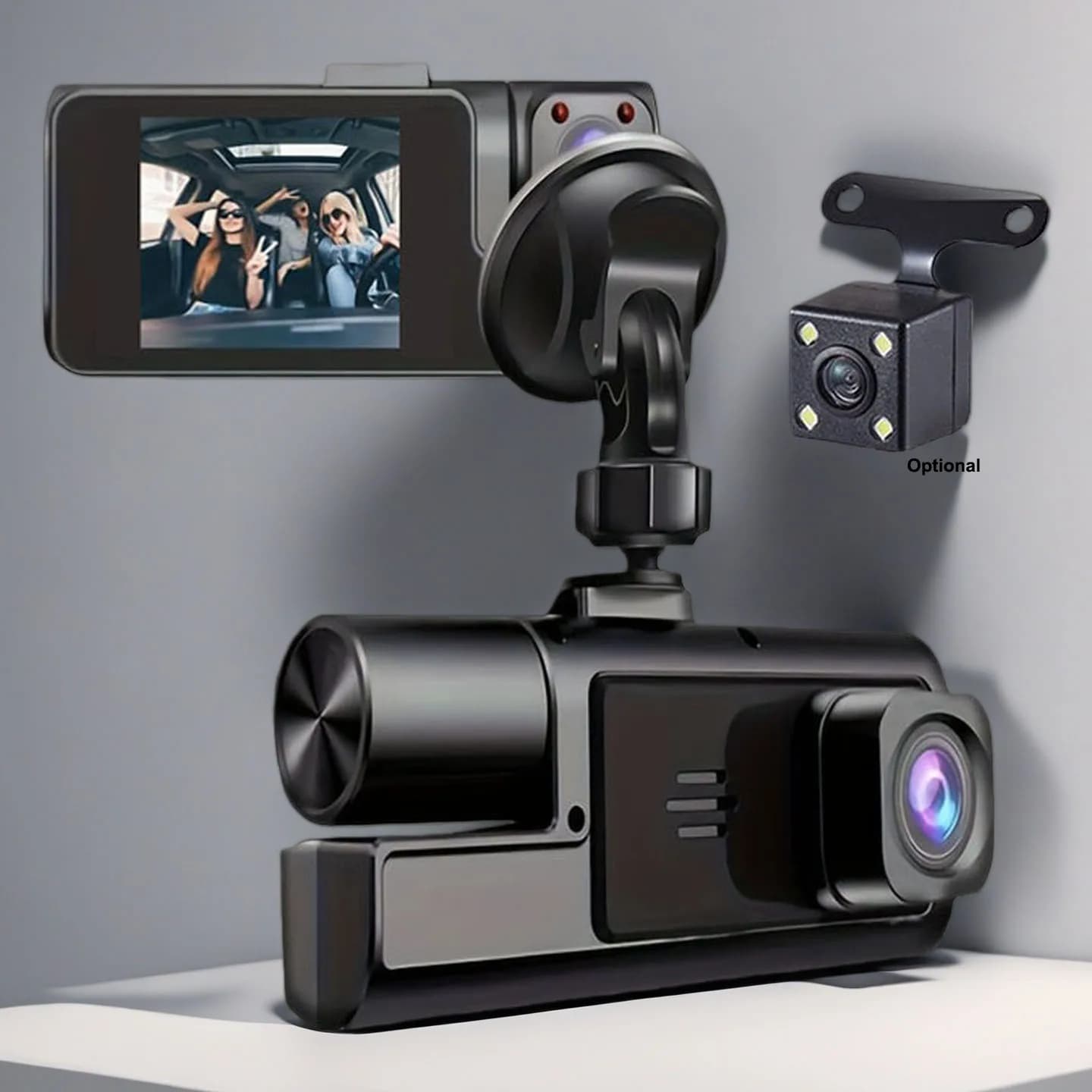 Dash Cam with three objectives 1080P, 480P rearview, loop recording, 24-hour parking monitoring with G sensor/ motion detection