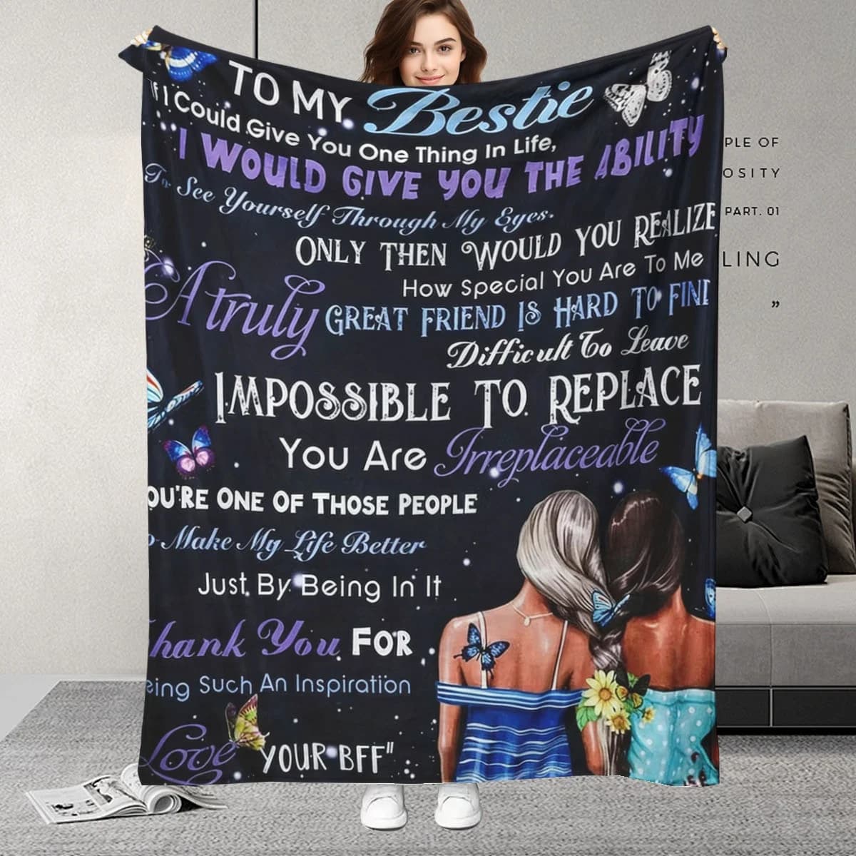 1 comoda coperta in flanella con scritta 'best friend forever' - morbida, calda, con illustrazione di amici e messaggio dal cuore.