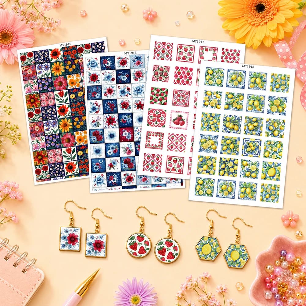 Square Patchwork Fruit Floral Polymer Clay Water Transfer Paper Water-Soluble Decals For DIY Earrings Jewelry Craft